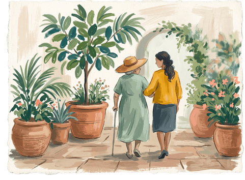 Una cuidadora acompaña a una persona mayor a caminar entre plantas